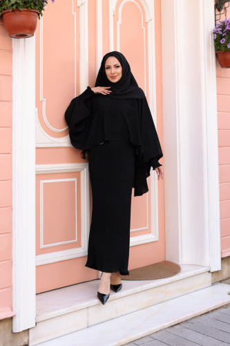Elegant Dubai İpeği Pelerin Takım Siyah-8014 - 5
