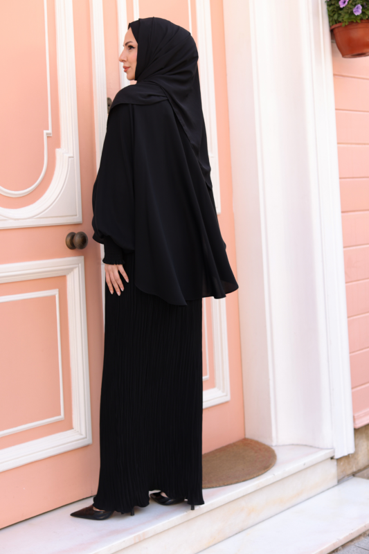 Elegant Dubai İpeği Pelerin Takım Siyah-8014 - 6