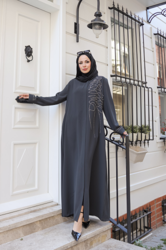 Eliza Taş İşlemeli Ferace Füme - 9042 