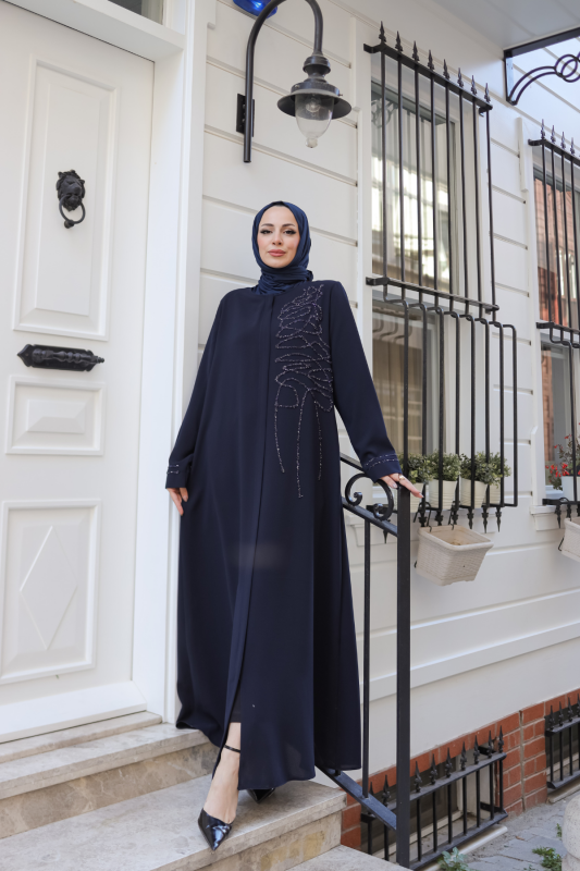 Eliza Taş İşlemeli Ferace Lacivert - 9042 - 1