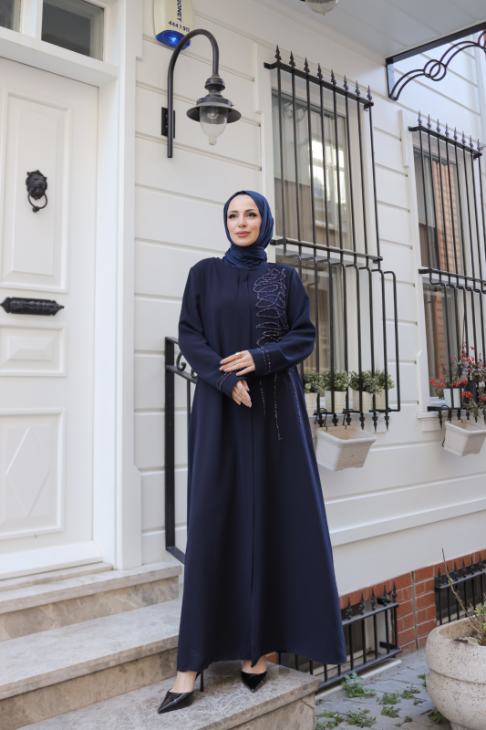 Eliza Taş İşlemeli Ferace Lacivert - 9042 - 2