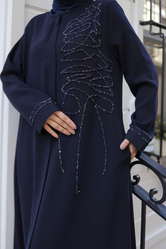 Eliza Taş İşlemeli Ferace Lacivert - 9042 - 7