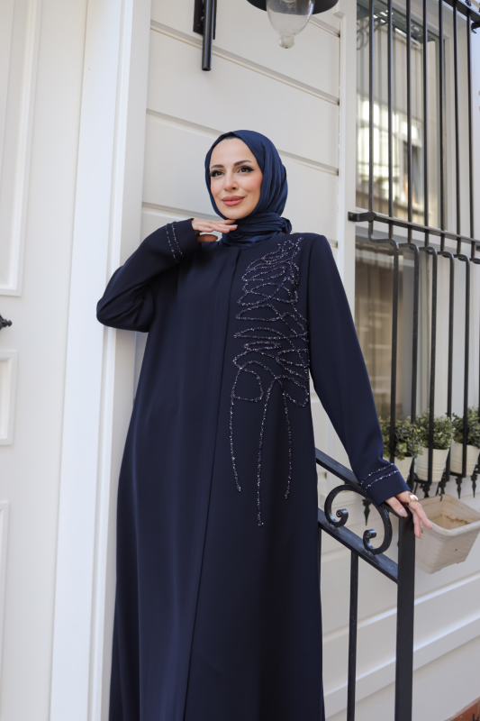 Eliza Taş İşlemeli Ferace Lacivert - 9042 - 8
