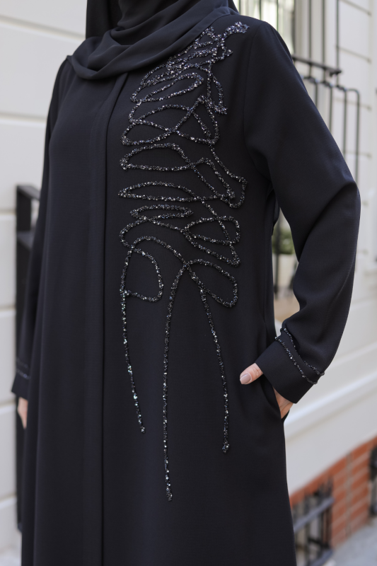 Eliza Taş İşlemeli Ferace Siyah - 9042 - 4