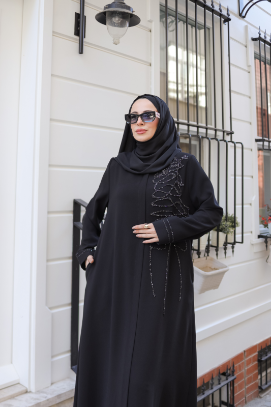 Eliza Taş İşlemeli Ferace Siyah - 9042 - 5