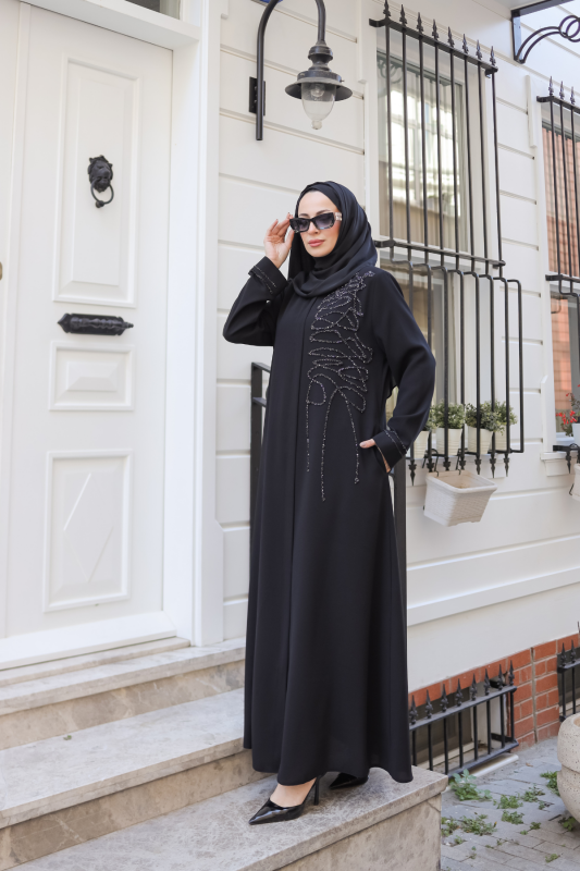 Eliza Taş İşlemeli Ferace Siyah - 9042 - 8
