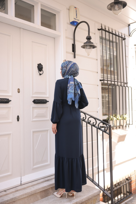 Eteği Fırfırlı Krep Kumaş Ferace Lacivert - 2115 - 4