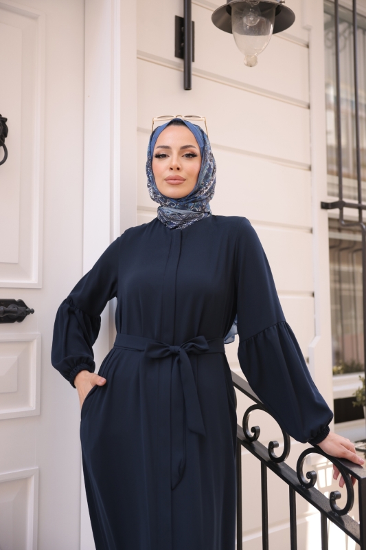 Eteği Fırfırlı Krep Kumaş Ferace Lacivert - 2115 - 5