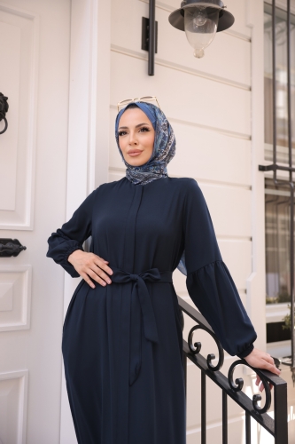 Eteği Fırfırlı Krep Kumaş Ferace Lacivert - 2115 - 7