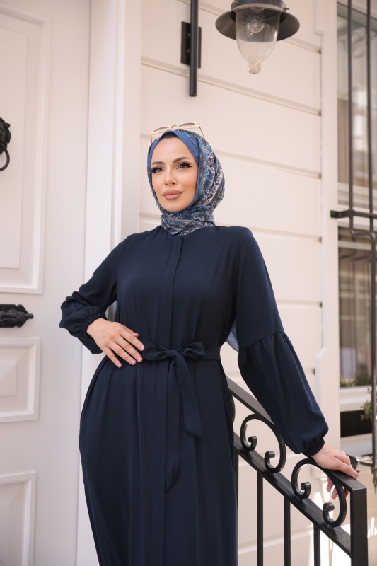 Eteği Fırfırlı Krep Kumaş Ferace Lacivert - 2115 - 7