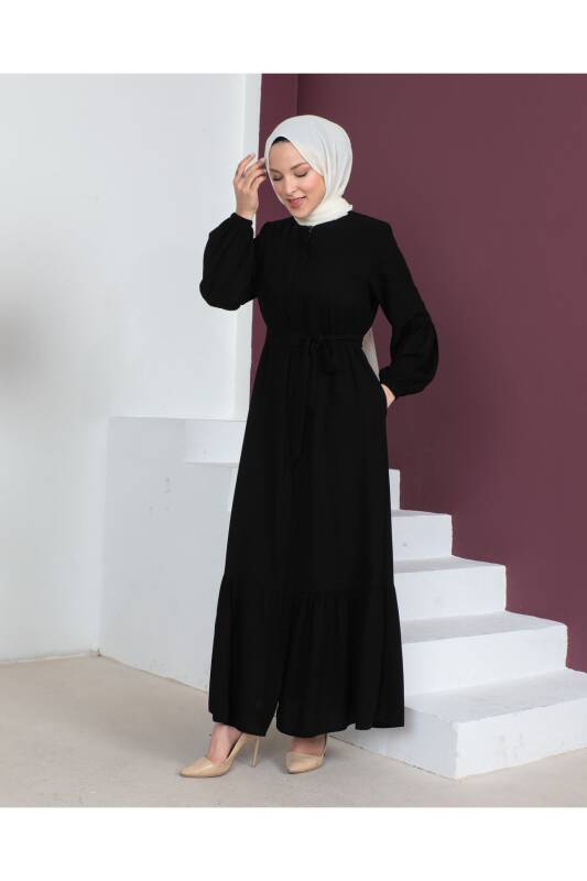 Eteği Fırfırlı Siyah Krep Kumaş Ferace Siyah - 2115 - 1
