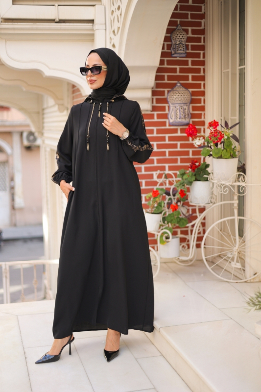 Leyla Kapüşonlu Ferace Siyah - 9049 - 1