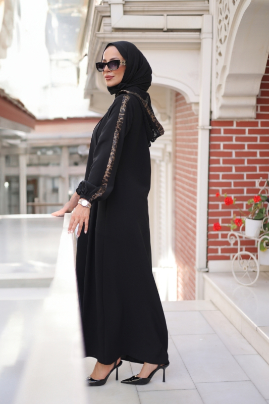 Leyla Kapüşonlu Ferace Siyah - 9049 - 2