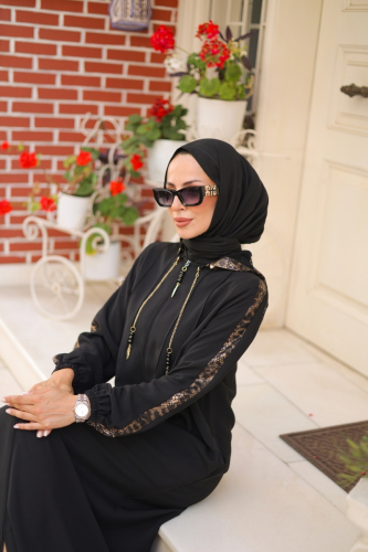 Leyla Kapüşonlu Ferace Siyah - 9049 - 7