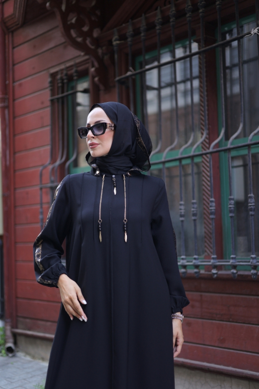 Leyla Kapüşonlu Ferace Siyah - 9049 - 8
