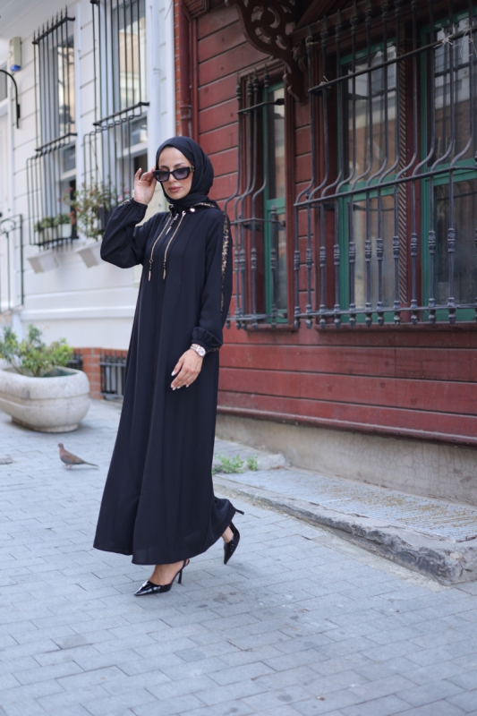 Leyla Kapüşonlu Ferace Siyah - 9049 - 9