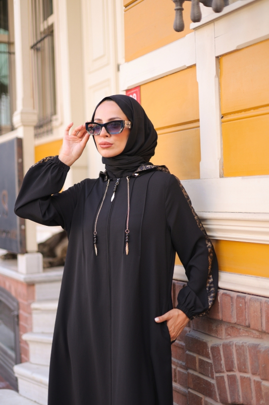 Leyla Kapüşonlu Ferace Siyah - 9049 - 10