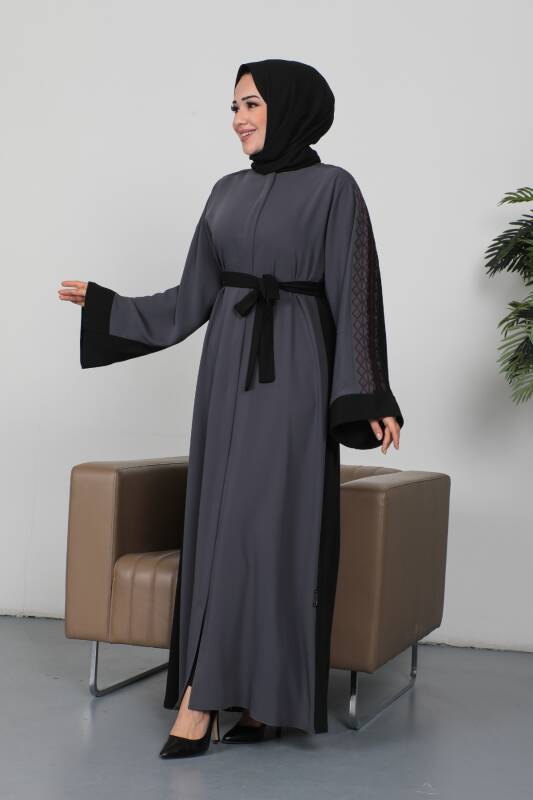 Nakışlı Cupra Kumaş Abaya Füme - 2270 - 1