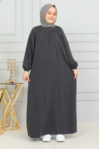 Reglan Kol Büzgülü Çocuk Elbise Füme - 4004 