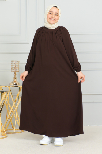 Reglan Kol Büzgülü Çocuk Elbise Kahverengi - 4004 - 5