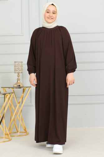 Reglan Kol Büzgülü Çocuk Elbise Kahverengi - 4004 - 8