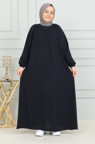 Reglan Kol Büzgülü Çocuk Elbise Lacivert - 4004 