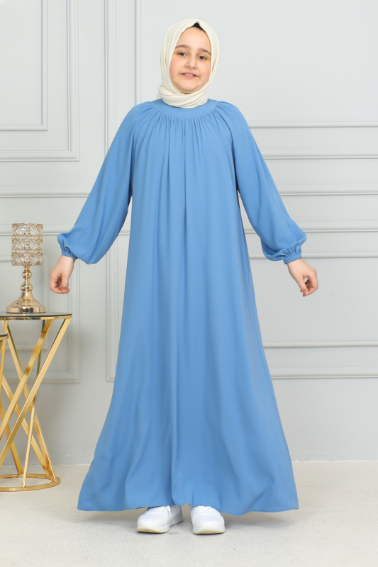 Reglan Kol Büzgülü Çocuk Elbise Mavi - 4004 - 2