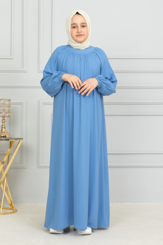 Reglan Kol Büzgülü Çocuk Elbise Mavi - 4004 - 6