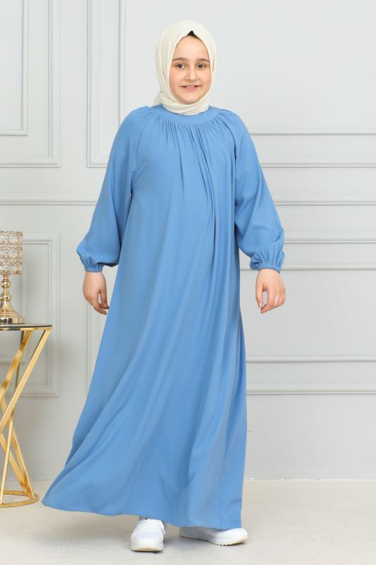 Reglan Kol Büzgülü Çocuk Elbise Mavi - 4004 - 7