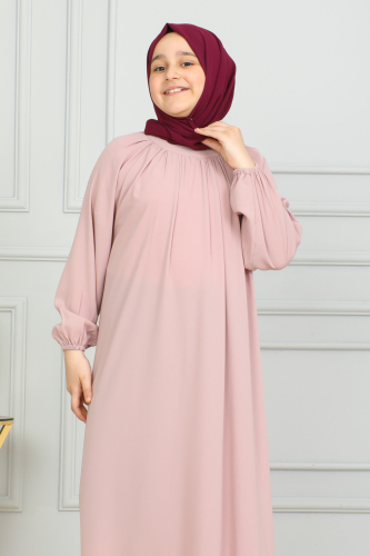 Reglan Kol Büzgülü Çocuk Elbise Pudra - 4004 
