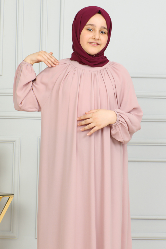 Reglan Kol Büzgülü Çocuk Elbise Pudra - 4004 - 3