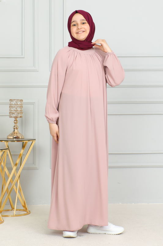 Reglan Kol Büzgülü Çocuk Elbise Pudra - 4004 - 6