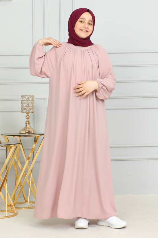 Reglan Kol Büzgülü Çocuk Elbise Pudra - 4004 - 7