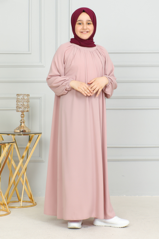 Reglan Kol Büzgülü Çocuk Elbise Pudra - 4004 - 8