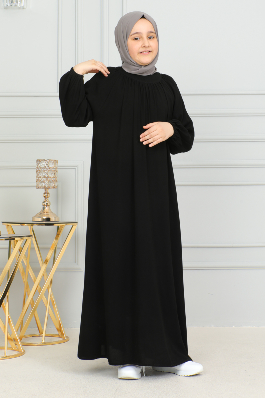 Reglan Kol Büzgülü Çocuk Elbise Siyah - 4004 - 1