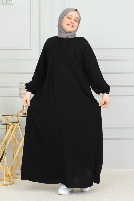 Reglan Kol Büzgülü Çocuk Elbise Siyah - 4004 - 5
