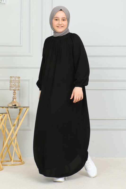 Reglan Kol Büzgülü Çocuk Elbise Siyah - 4004 - 7