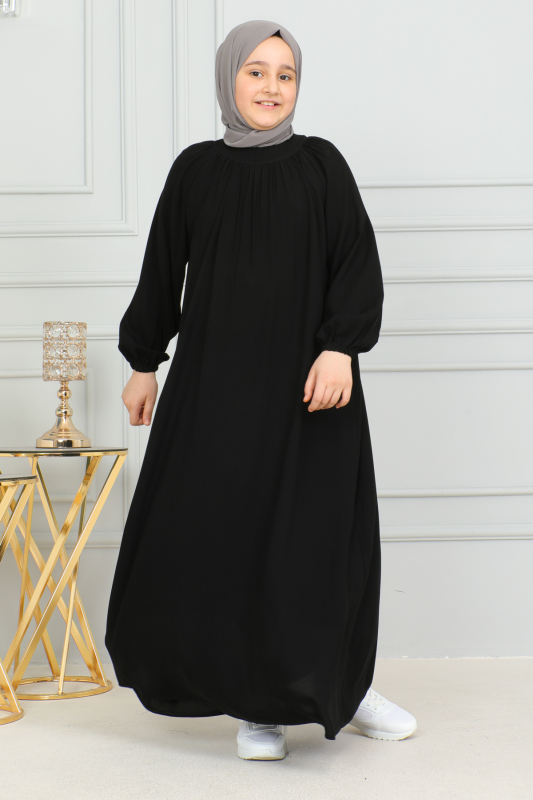 Reglan Kol Büzgülü Çocuk Elbise Siyah - 4004 - 8