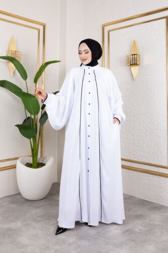 Yaren Balon Kol Biyeli Abaya Beyaz - 1004 - 1