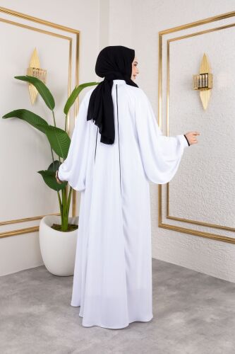 Yaren Balon Kol Biyeli Abaya Beyaz - 1004 - 2
