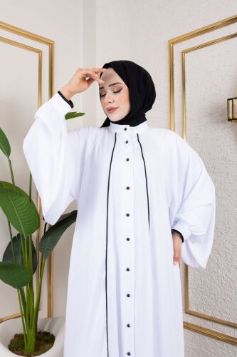 Yaren Balon Kol Biyeli Abaya Beyaz - 1004 - 4