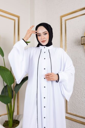 Yaren Balon Kol Biyeli Abaya Beyaz - 1004 - 5
