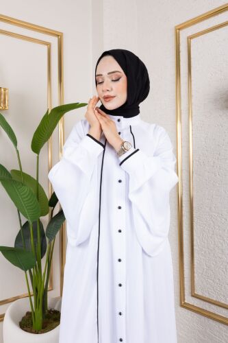 Yaren Balon Kol Biyeli Abaya Beyaz - 1004 - 6