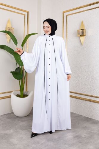 Yaren Balon Kol Biyeli Abaya Beyaz - 1004 - 7