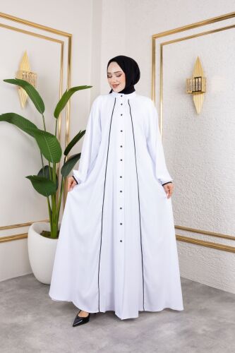 Yaren Balon Kol Biyeli Abaya Beyaz - 1004 - 8