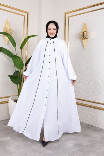 Yaren Balon Kol Biyeli Abaya Beyaz - 1004 - 9