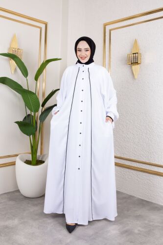Yaren Balon Kol Biyeli Abaya Beyaz - 1004 - 10