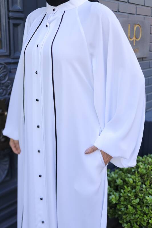Yaren Balon Kol Biyeli Abaya Beyaz - 1004 - 2