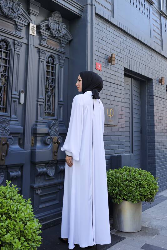 Yaren Balon Kol Biyeli Abaya Beyaz - 1004 - 10