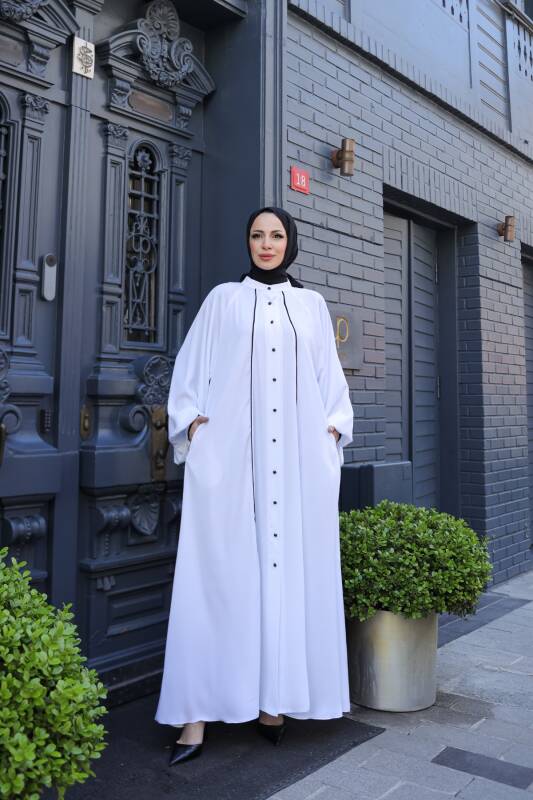 Yaren Balon Kol Biyeli Abaya Beyaz - 1004 - 1